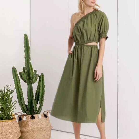 Who What Wear Dresses & Skirts - Who What Wear Olive Green Puff Short Sleeve‎ Cut Out Midi Dress Size Small